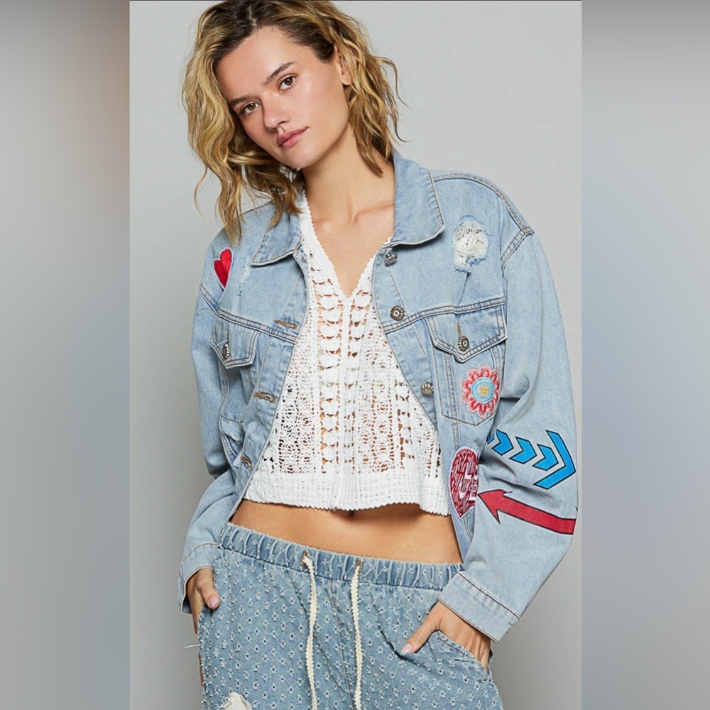 POL SMJ408 HOST PICK 🎉🎉🎉Denim Jacket with Colorful Patches - Picture 2 of 10